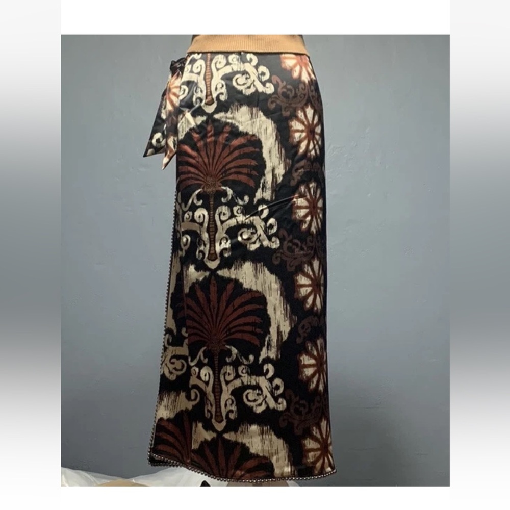 House of Harlow 1960 Sz XS Wrap Skirt Tie-Side Brown Batik Beaded Detail Midi